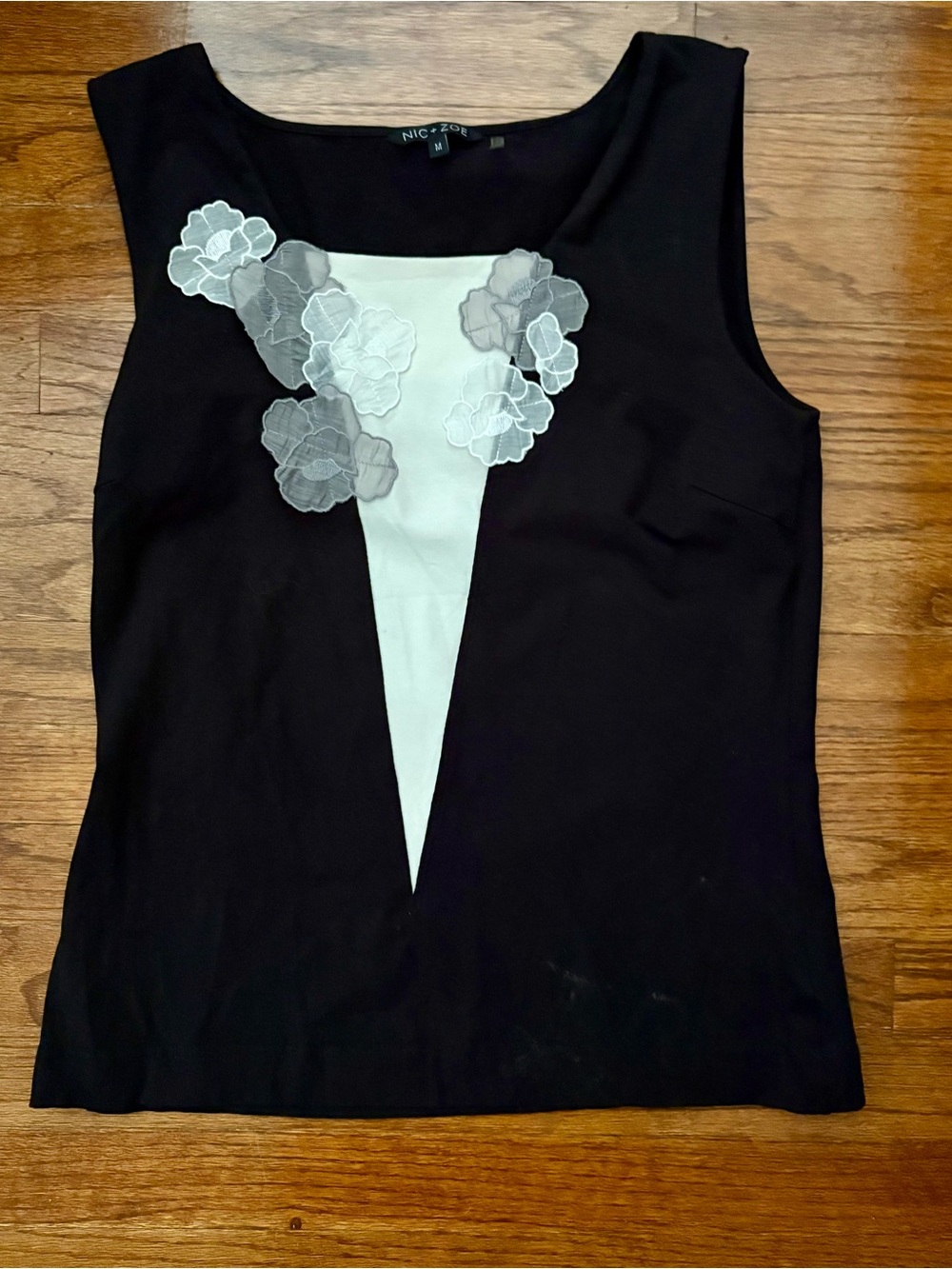 NIC+ZOE Black Tank with White Front Inset and Floral Appliqués
